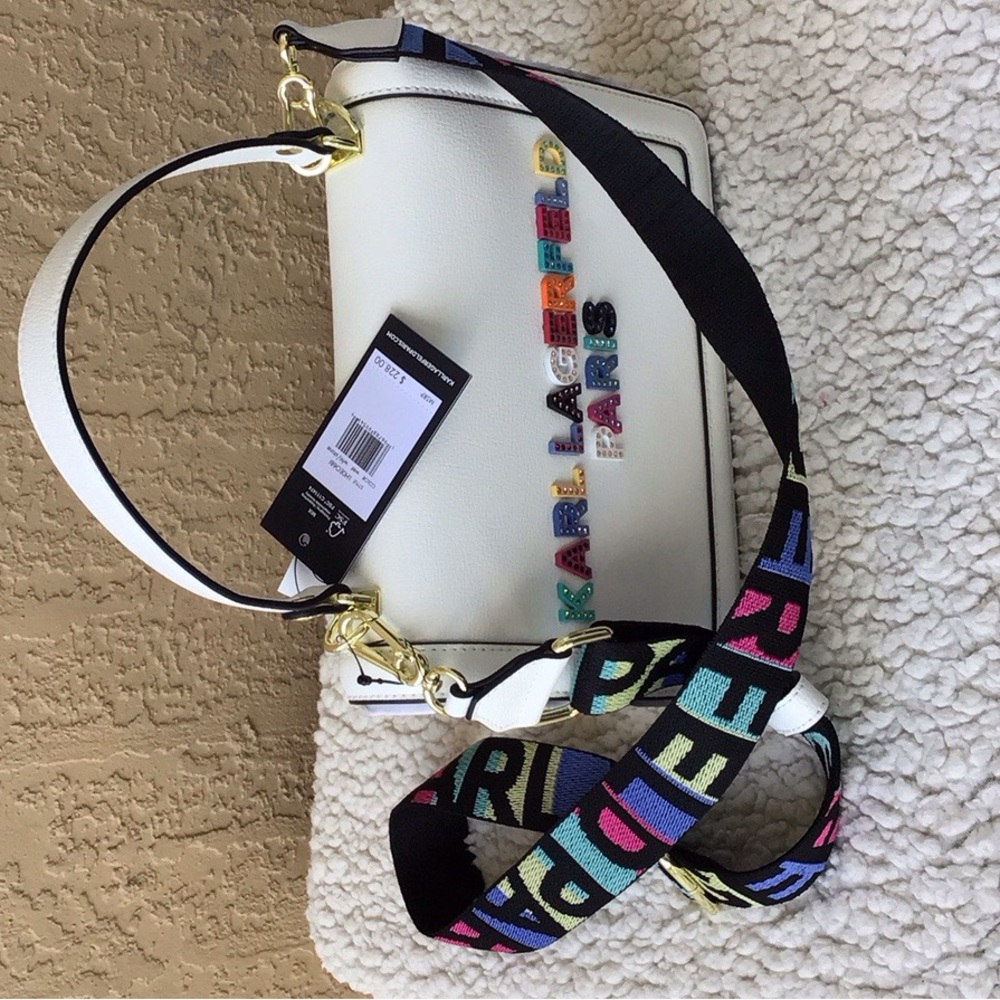 Karl Lagerfeld White Crossbody Bag with Multicolor Strap - Picture 10 of 10